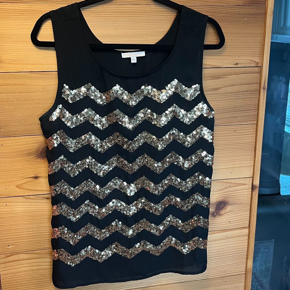 Black Sheer Tank Top with Gold Sequins - L